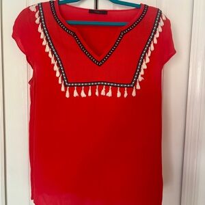THML Red Embellished Blouse with V-Neck